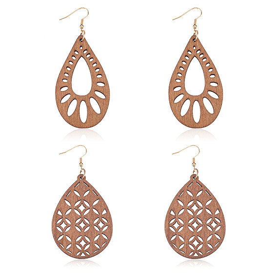 2 Pairs 2 Style Natural Wood Hollow Out Teardrop Dangle Earrings, Brass Jewelry for Women