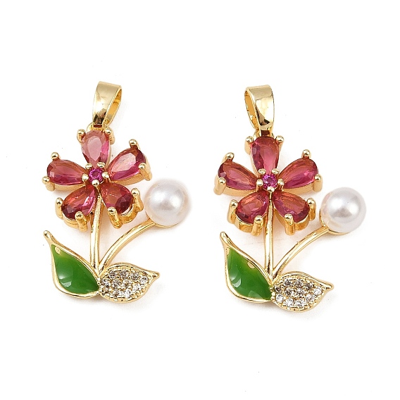 Латунные микропроволочные кубические циркониевые подвески из эмали, с ABS имитации жемчуга, цветок, стойки покрытие, без кадмия и без свинца, долговечный, золотые