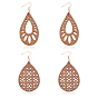 2 Pairs 2 Style Natural Wood Hollow Out Teardrop Dangle Earrings, Brass Jewelry for Women