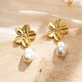 304 Stainless Steel Stud Earrings for Women, with Acrylic Imitation Pearl, Flower