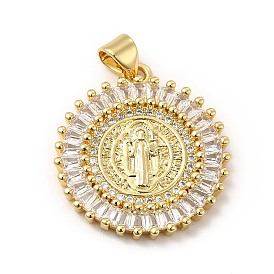 Rack Plating Brass Micro Pave Cubic Zirconia Pendants, Cadmium Free & Lead Free, Real 18K Gold Plated, Flat Round with Saint Pattern Charm