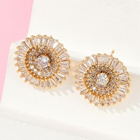 Плоские круглые серьги-гвоздики из латуни с микропаве из прозрачных кубических цирконий для женщин, без кадмия и без свинца, долговечный, стойки покрытие