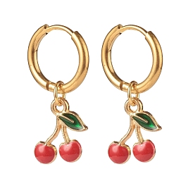 Alloy Enamel Cherry Dangle Hoop Earrings, 304 Stainless Steel Jewelry for Women