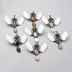 Mixed Gemstone Pendants, with Platinum Brass Findings & Shell, Wing