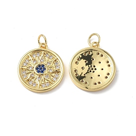 Brass Micro Pave Cubic Zirconia Pendants, with Jump Ring, Flat Round with Flower Pattern