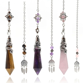 Gemstone Cone Dowsing Pendulum Big Pendants, with Meatl Woven Net/Web with Feather
