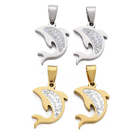 201 Stainless Steel Pendants, with Crystal Rhinestone and Stainless Steel Snap On Bails, Dolphin