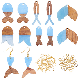 Olycraft Fish Pendant Earrings DIY Making Kits, Including Opaque Resin & Walnut Wood Pendants, Brass Earring Hooks & Jump Rings