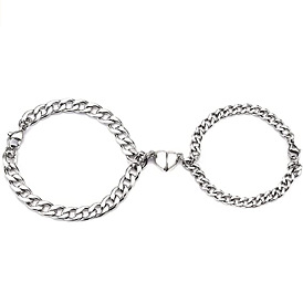 Minimalist Stainless Steel Cuban Heart Magnetic Couple Bracelet Set