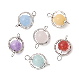 6Pcs 6 Styles Natural Carnelian & Yellow Jade & Dyed White Jade & Green Jade Round Connectror Charms, with Alloy Findings, Platinum