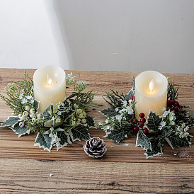 Artificial Berry & Christmas Holly Leaves Candle Ring for Party Decorations