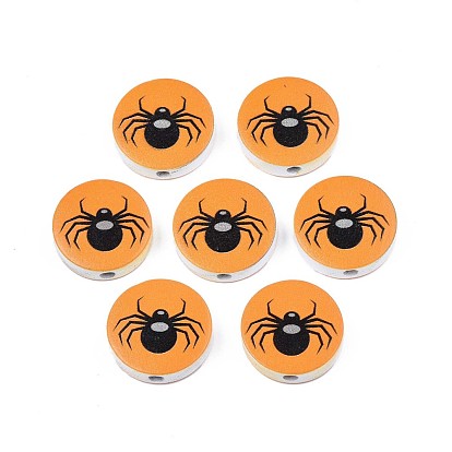 Halloween Printed Natural Wood Beads, Flat Round with Spider Pattern