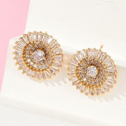 Плоские круглые серьги-гвоздики из латуни с микропаве из прозрачных кубических цирконий для женщин, без кадмия и без свинца, долговечный, стойки покрытие