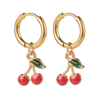 Alloy Enamel Cherry Dangle Hoop Earrings, 304 Stainless Steel Jewelry for Women