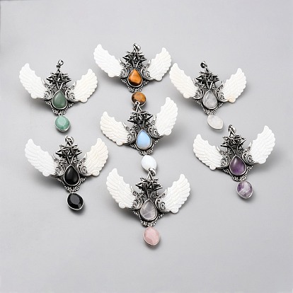 Mixed Gemstone Pendants, with Platinum Brass Findings & Shell, Wing