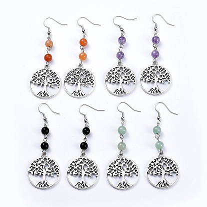 Tibetan Style Alloy Dangle Earrings, with Natural Gemstone Beads and Iron Earring Hooks, Flat Round with Tree of Life