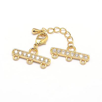 Латунный удлинитель цепи из микропаве из циркония, застежки для ожерелья, с 3 нитями 6 и концами застежки омара, без кадмия, без никеля и без свинца, 30 мм, отверстие : 1 мм, заканчивается: 9x19x2 мм, застежки: 10x6x3 мм