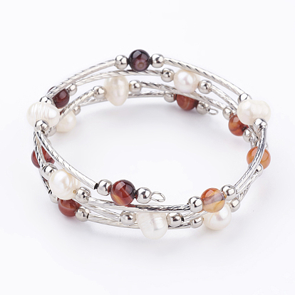 4-Loops Natural Striped Agate/Banded Agate(Dyed) Wrap Bracelets, with Natural Freshwater Pearl and Iron Spacer Beads