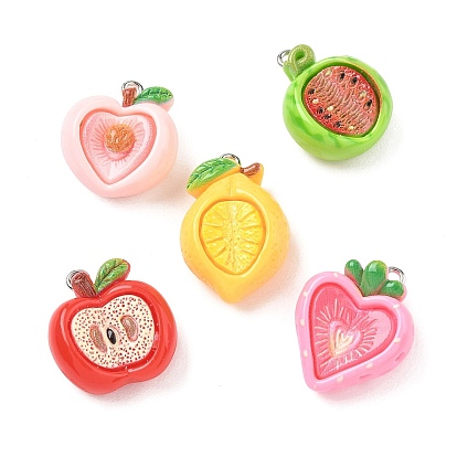Opaque Resin Imitation Fruit Pendants, Mixed Shapes Charms, with Platinum Tone Iron Loop