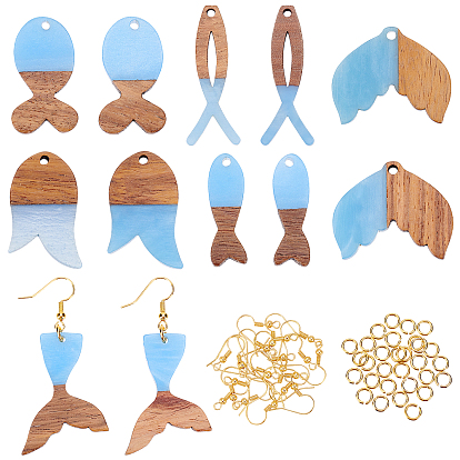 Fish Pendant Earrings DIY Making Kits, Including Opaque Resin & Walnut Wood Pendants, Brass Earring Hooks & Jump Rings