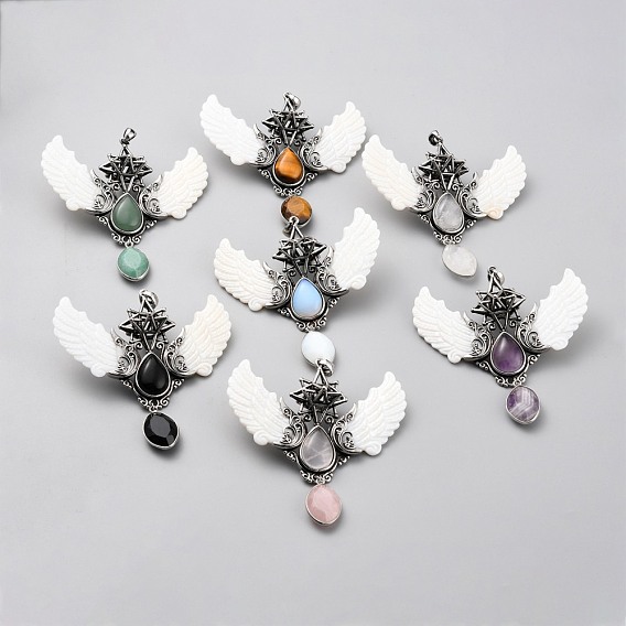 Mixed Gemstone Pendants, with Platinum Brass Findings & Shell, Wing