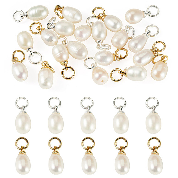 20Pcs 2 Styles Natural Cultured Freshwater Pearl Rice Charms, with 304 Stainless Steel Findings, White