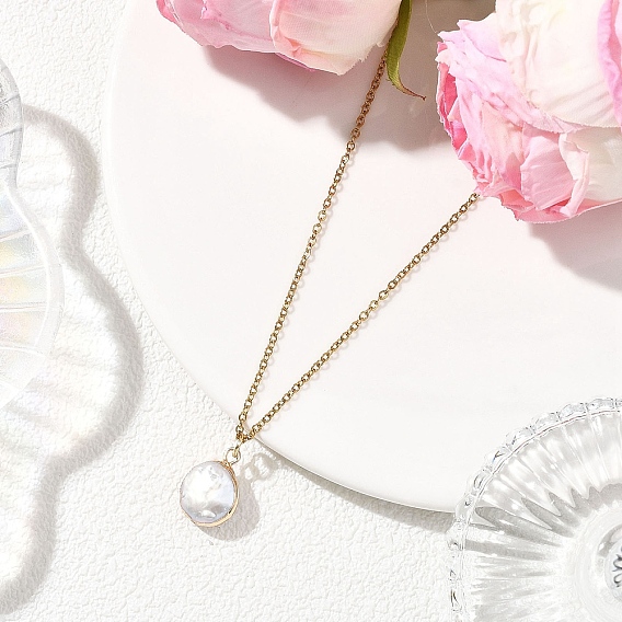 Ожерелья с подвесками из натурального жемчуга кеши с гальваническим покрытием, с 304 кабельными цепочками из нержавеющей стали, золотые, белые