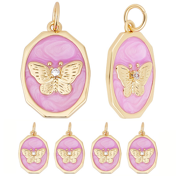 6Pcs Brass Micro Pave Clear Cubic Zirconia Pendants, with Enamel and Jump Rings, Polygon with Butterfly