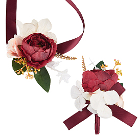 2 piezas 2 estilo rosa de tela de seda con ramillete de cinta de raso, ramilletes de muñeca y ramilletes, para la boda, decoraciones de fiesta