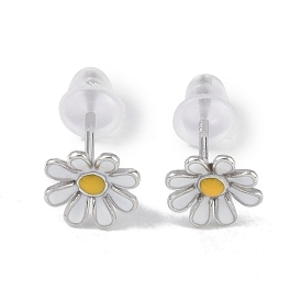 Enamel Daisy Rhodium Plated 999 Sterling Silver Stud Earrings for Women, with 999 Stamp