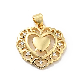 Rack Plating Brass Micro Pave Clear Cubic Zirconia Charms, Long-Lasting Plated, Lead Free & Cadmium Free, Heart