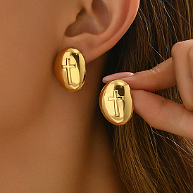 201 классические овальные серьги-гвоздики из нержавеющей стали с крестом