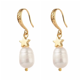 Grade B Natural Pearl Beads Dangle Earring, with Brass Star and Hooks