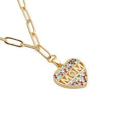 Bold Punk Hip Hop MOM Heart-shaped CZ Necklace Sweater Chain