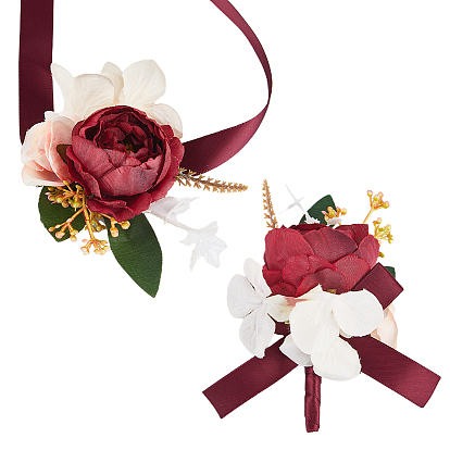 2 piezas 2 estilo rosa de tela de seda con ramillete de cinta de raso, ramilletes de muñeca y ramilletes, para la boda, decoraciones de fiesta
