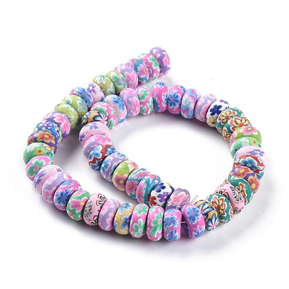 Handmade Flower Printed Polymer Clay Beads Strands, Rondelle