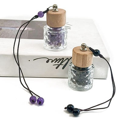 Glass Perfume Bottle Hanging Ornament, with Wood Lips and Gemstone Beads
