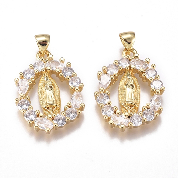 Brass Micro Pave Cubic Zirconia Pendants, Long-Lasting Plated, Oval with Virgin Mary