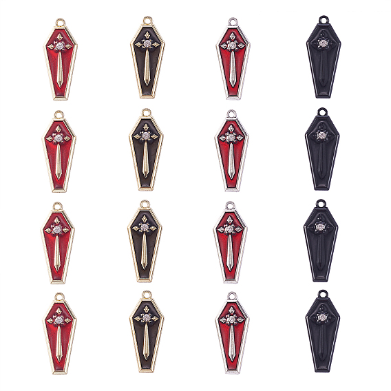 20 шт 4 цвета подвески из цинкового сплава с эмалью, с кристально горный хрусталь, гроб с крестом