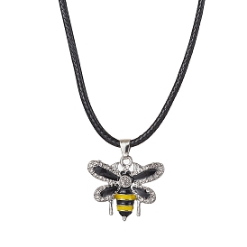 Alloy Rhinestone Bee Pendant Necklaces, with Imitation Leather Cords
