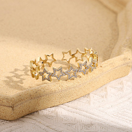 Chic Hollow Five-pointed Star Bangle for Women, Copper with Gold Plating and Micro Inlaid Zircon Stone Bracelet