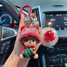 Cute Christmas Plush Car Keychain with Everlasting Flower for Girls
