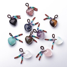 Chakra Hanging Ornaments,  Gemstone Pendant Decorations, with Nylon Cord, Heart