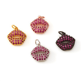 Brass Micro Pave Cubic Zirconia Charms, Makeup Charms, with Jump Rings, Lip