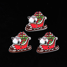 Christmas 2-Hole Spray Painted Maple Wooden Buttons, Single-Sided Printed, Sleigh with Santa Claus