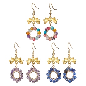 3 Pairs Bowknot with Ring Dyed & Heated Natural Agate Dangle Earrings, with 304 Stainless Steel Earring Findings, Golden