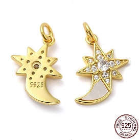 925 Sterling Silver Micro Pave Cubic Zirconia Pendants, Moon & Star Charm, with Shell & 925 Stamp & Jump Ring
