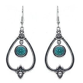 Tibetan Style Alloy Dangle Earrings, with Resin, Vintage Bohemian ethnic earrings, Teardrop