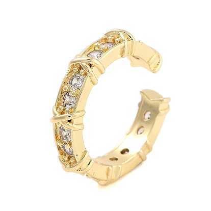 Clear Cubic Zirconia Open Cuff Rings, Cadmium Free & Lead Free, Cross Brass Finger Rings for Women