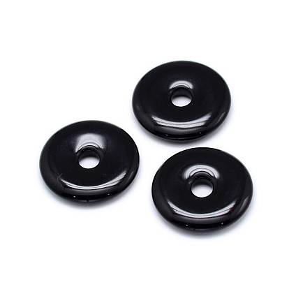 Natural Black Agate Donut/Pi Disc Pendants, 25x4mm, Hole: 5mm